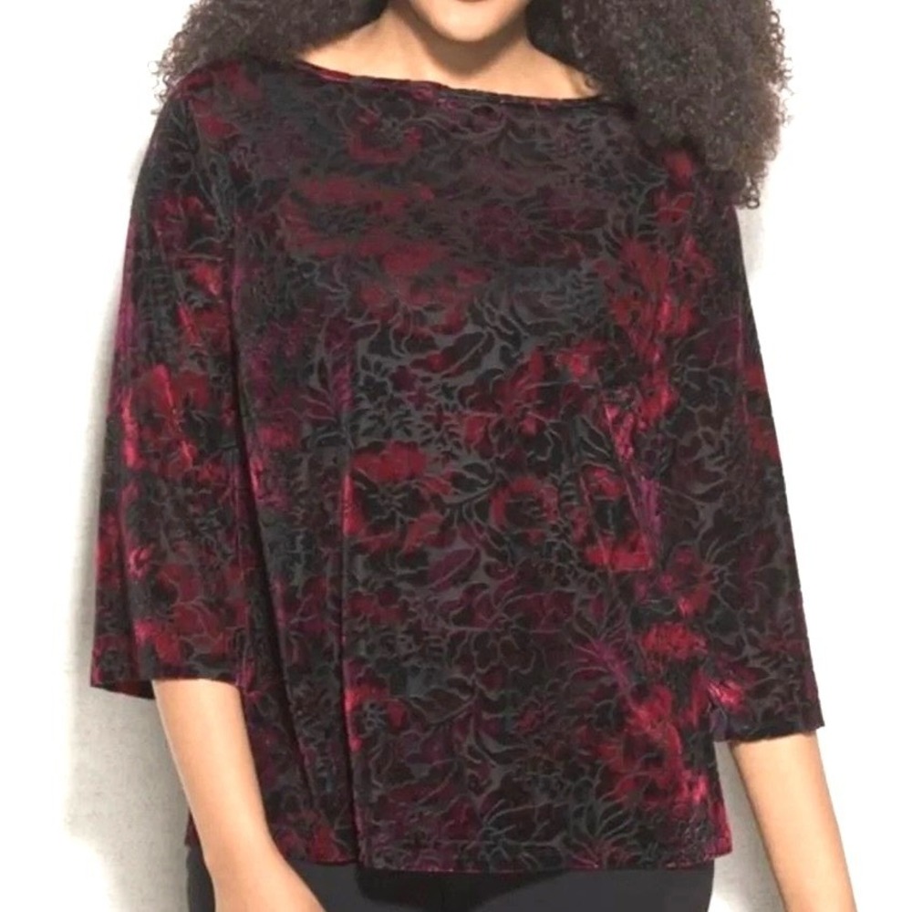 Roz‎ & Ali Red Black Dark Floral Velvet Burnout Top Sz M Whimsigoth Fairy Grunge